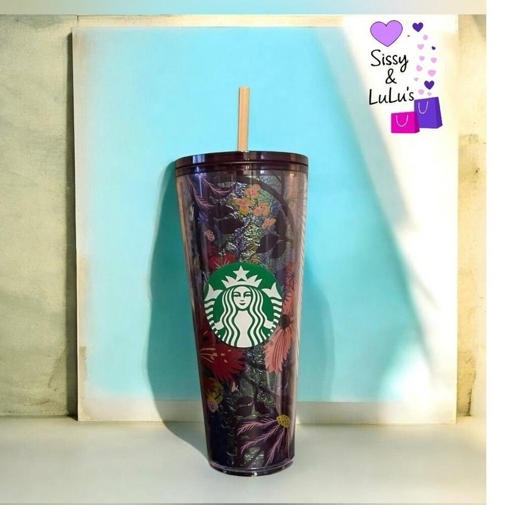 Starbucks Fall 2021 Iridescent Floral Foil Cold Cup Tumbler 24oz w/ Straw